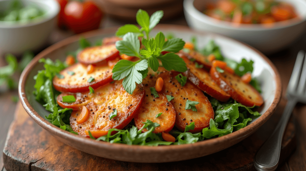 Vegetarische Gerichte mit frischen Zutaten wie Gemüse, Kräutern und Hülsenfrüchten auf einem gedeckten Tisch.